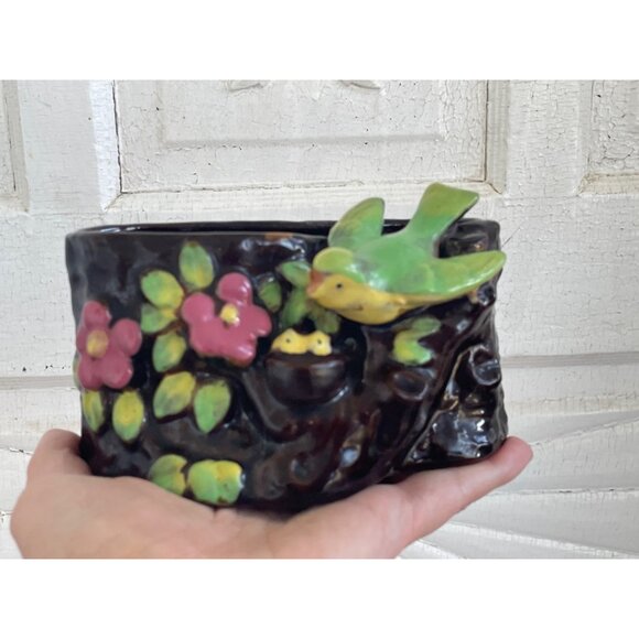 Vintage 1950s Ceramic Planter Bird Baby BIrds Nest Flowers - Picture 5 of 10